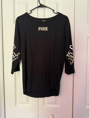 PINK Victoria's Secret Black Long Sleeve Tee with Sequin Sleeve Design